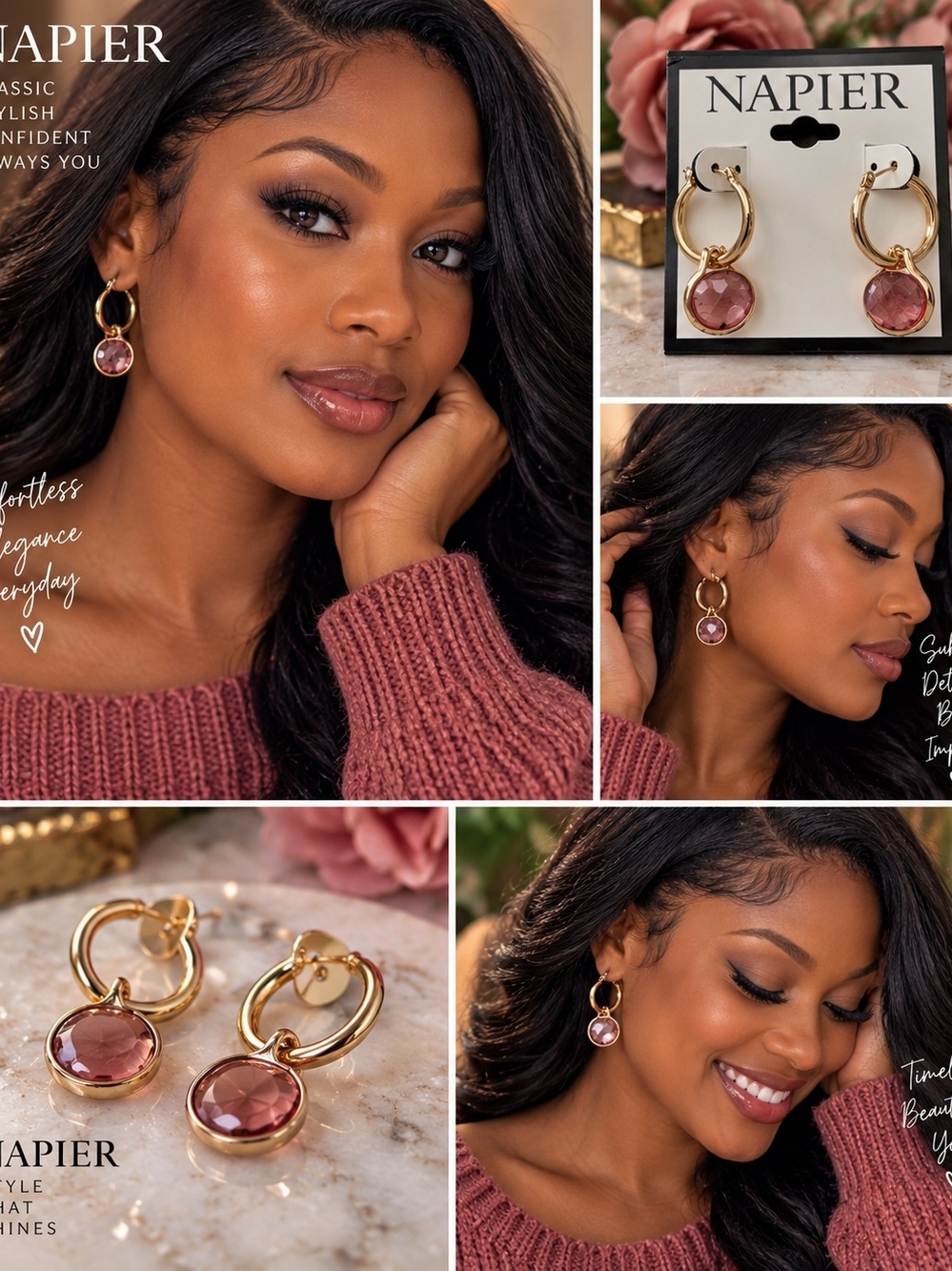 Napier NWT Gold Tone Hoop Earrings Pink Faceted Crystal Drop Charm